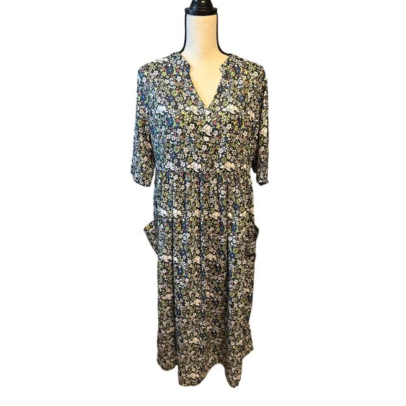 NWT Summer Dress Lounge House Navy Flower Pattern Elbow Sleeve Noracora Size XL - Picture 1 of 6